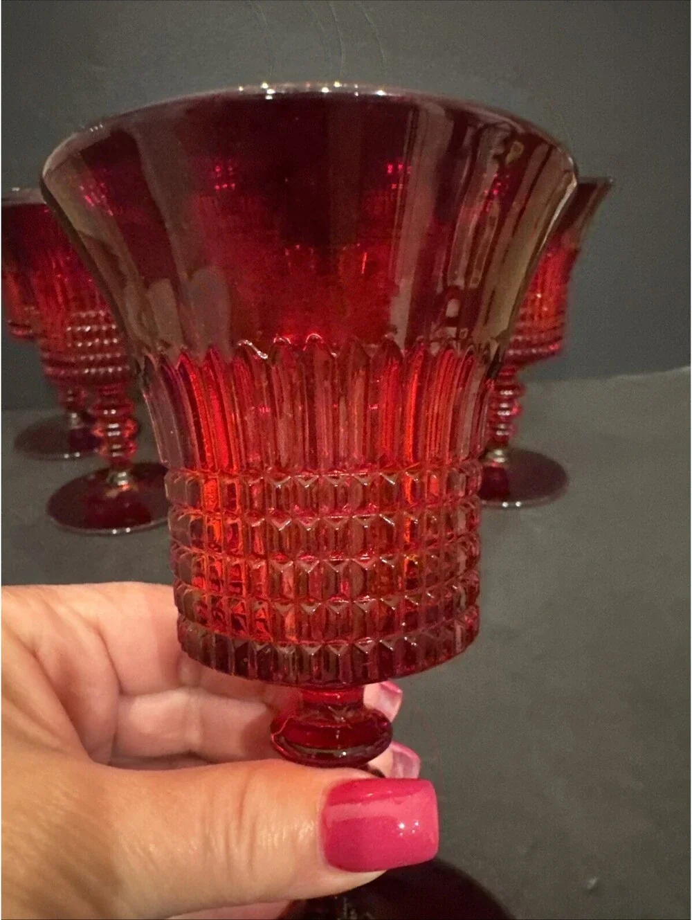 Vtg Fenton Art Glass (6) Lincoln Inn Ruby Red Wine/Water Goblet Set 1930’s